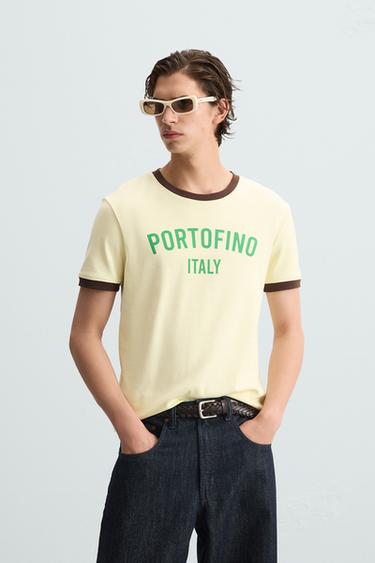 CAMISETA RIB CONTRASTE TEXTO - Amarelo-pastel da Zara