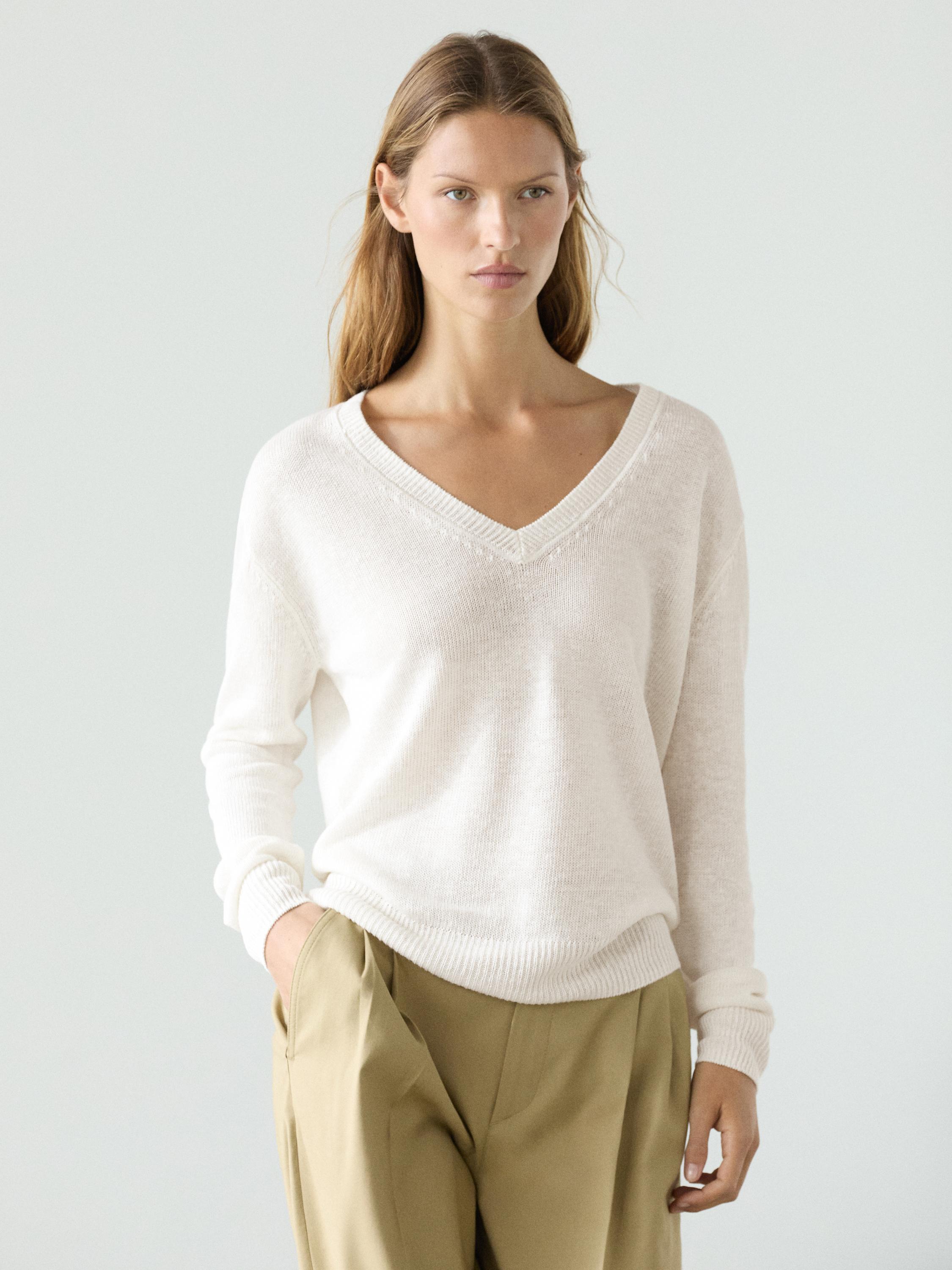 100% linen knit V-neck sweater