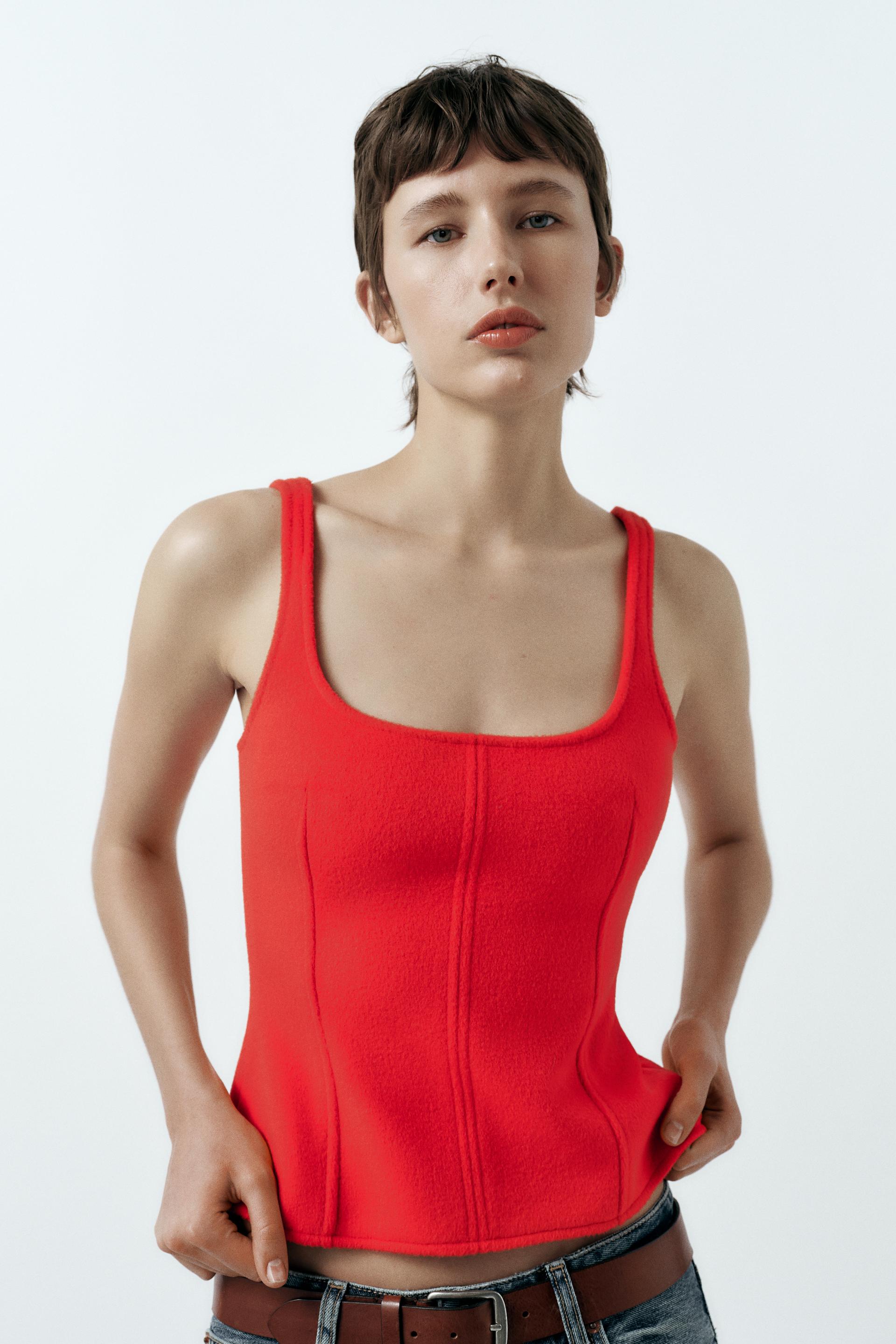 Zara Sports Bra Red White Trim Tank Crop Top Activewear Nylon Size medium