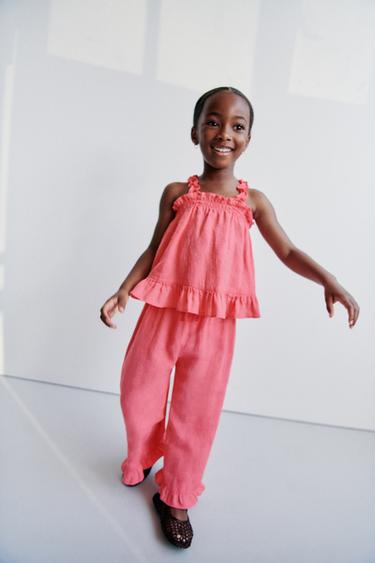 Zara 100% LINEN RUFFLED TOP - Red / Coral