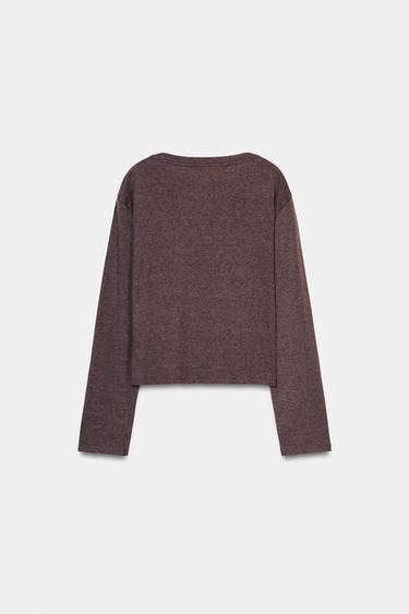 T-SHIRT COL BATEAU MANCHES LONGUES - Marron clair chiné de Zara - Image 7