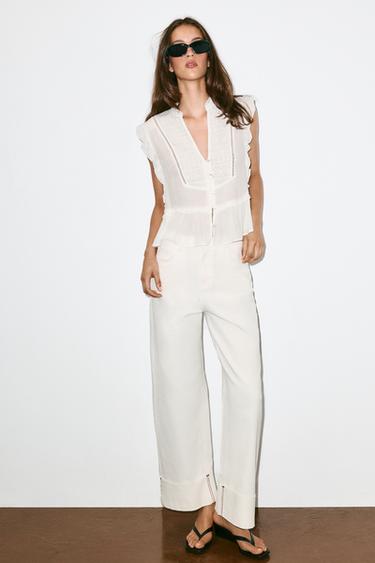 Zara EMBROIDERED RUFFLE TOP - White