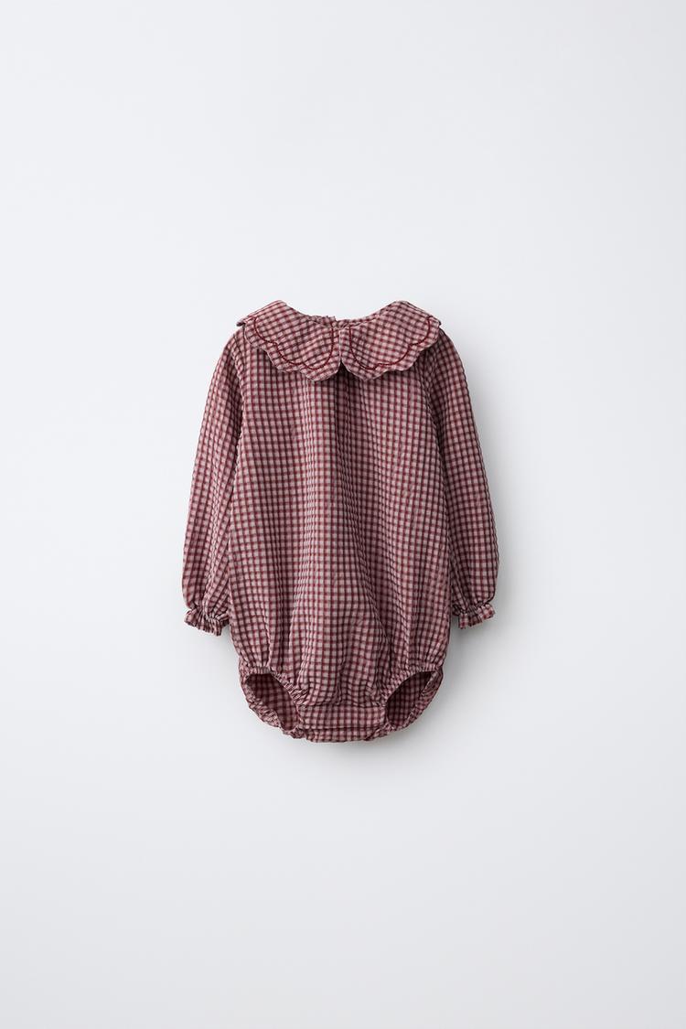 Peter Pan Collar Gingham Bodysuit — Dark pink