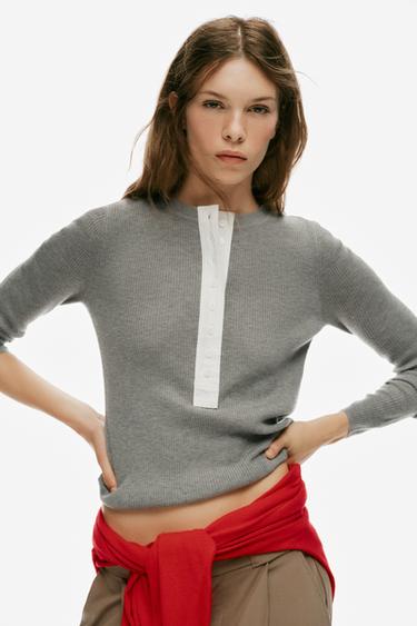 WOOL BLEND BUTTON SWEATER — Gray marl 1