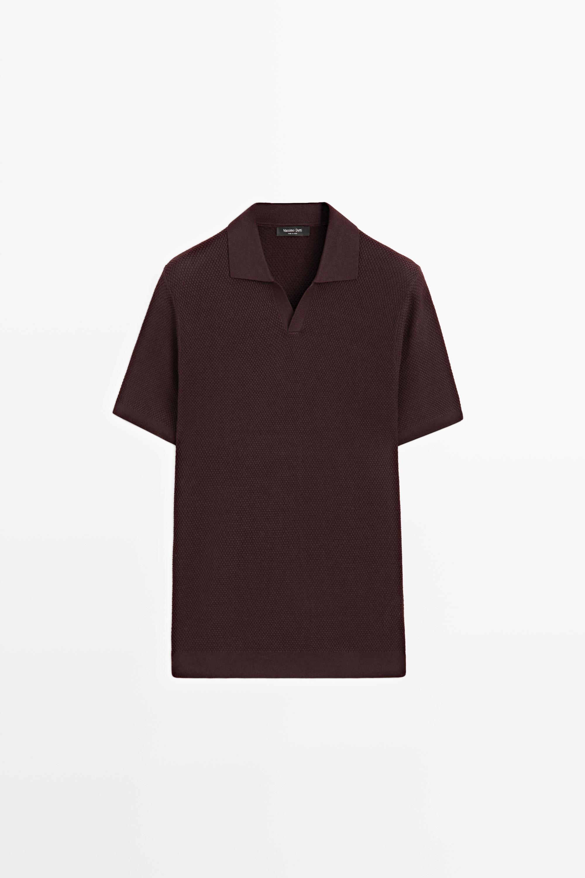 Cotton blend knit V-neck polo shirt — Burgundy
