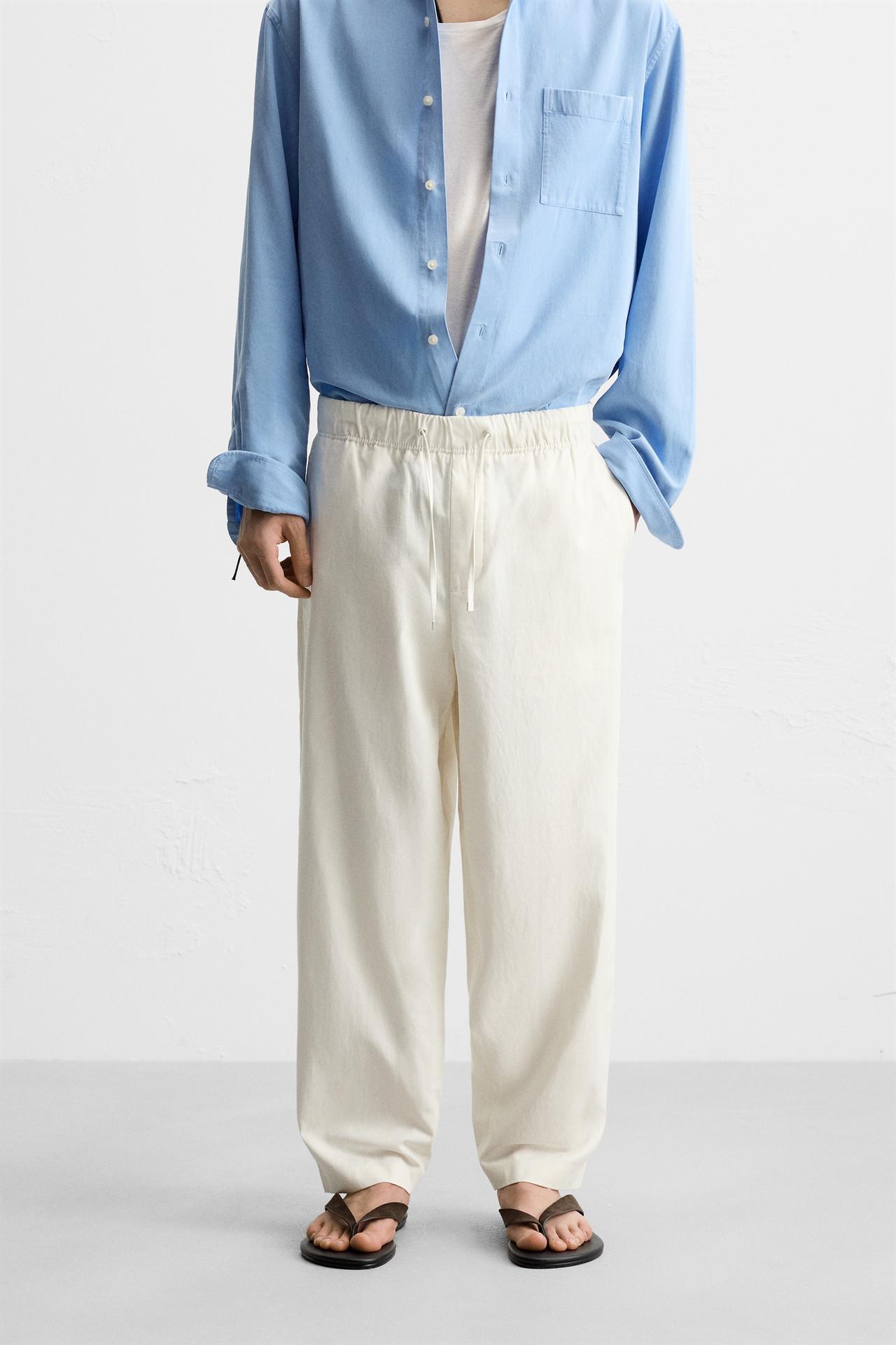 Zara RELAXED FIT COTTON LINEN PANTS - Oyster-white