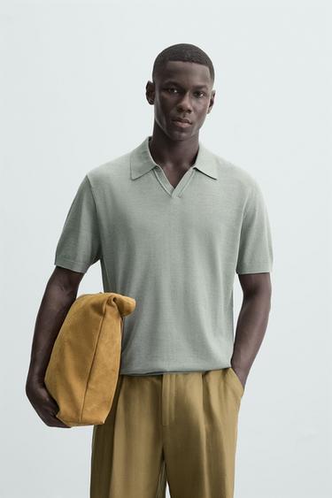 COTTON-SILK KNIT POLO SHIRT - washed green by Zara