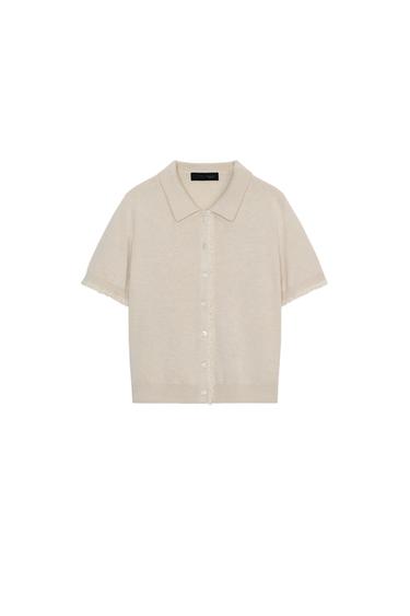Zara SHORT SLEEVE KNIT JACKET WITH LACE TRIM - stone