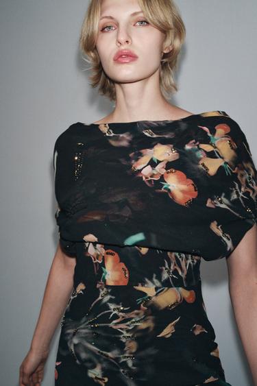 Zara BEADED PRINTED CAPE DRESS - Black