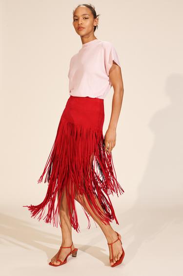 LIMITED EDITION SUEDE LEATHER FRINGE SKIRT - Red by Zara