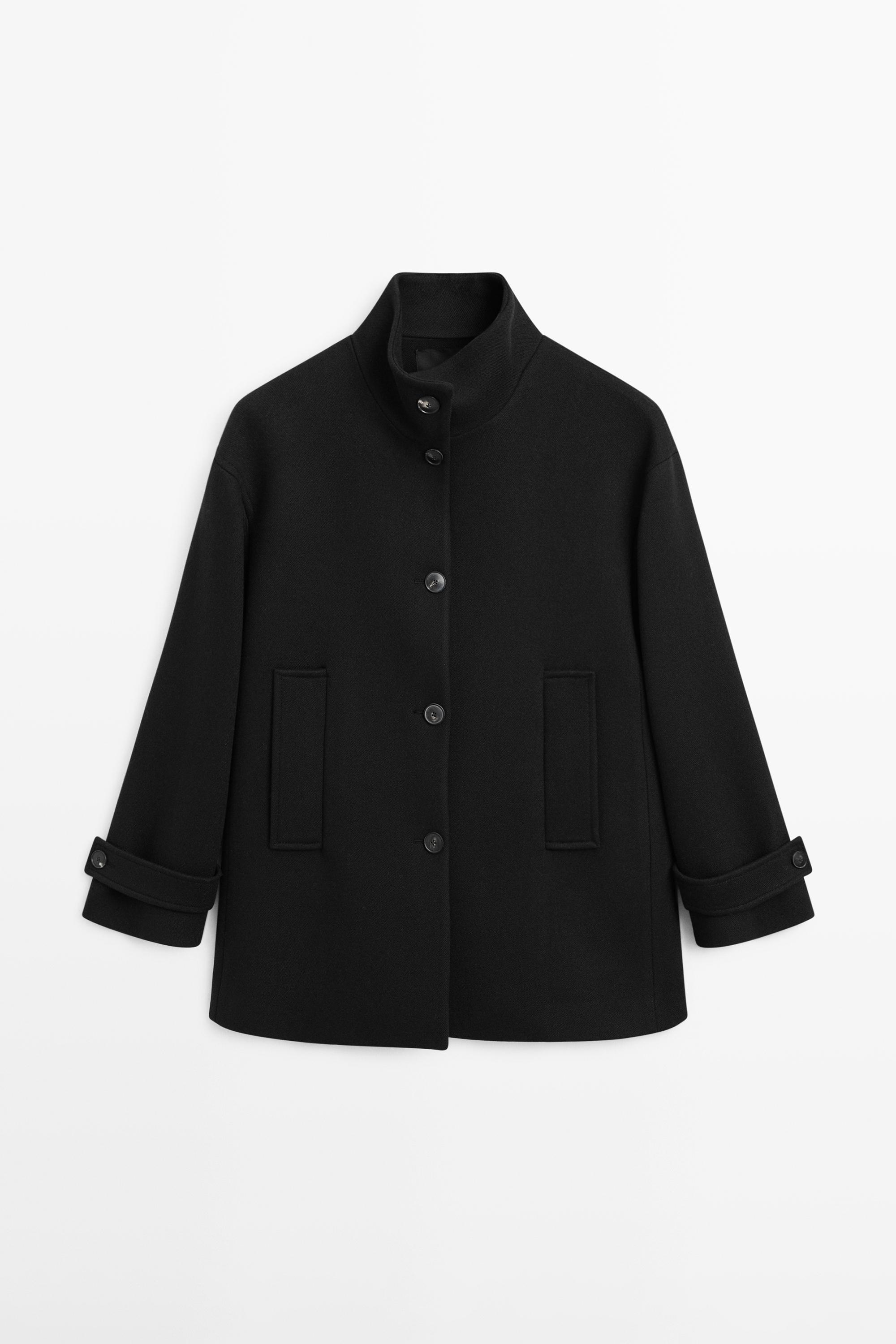 Wool blend high neck coat with button fastening