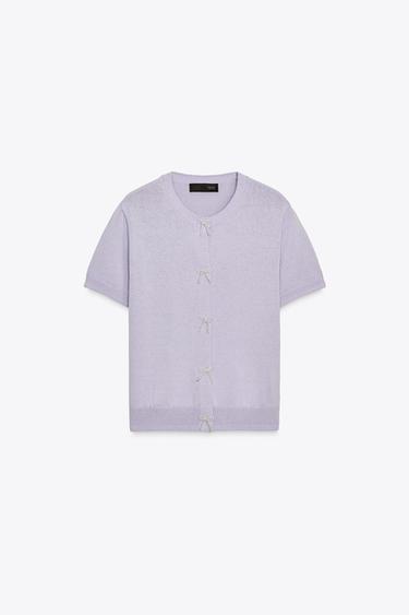 Zara PEARL BOW KNIT CARDIGAN - Lavender