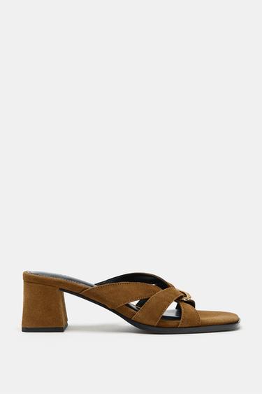 LEATHER MID-HEEL MULE SANDALS - Dark tan by Zara - Image 0