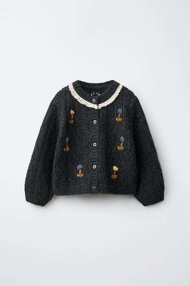 Zara EMBROIDERED FLOWERS CARDINGAN - Anthracite grey