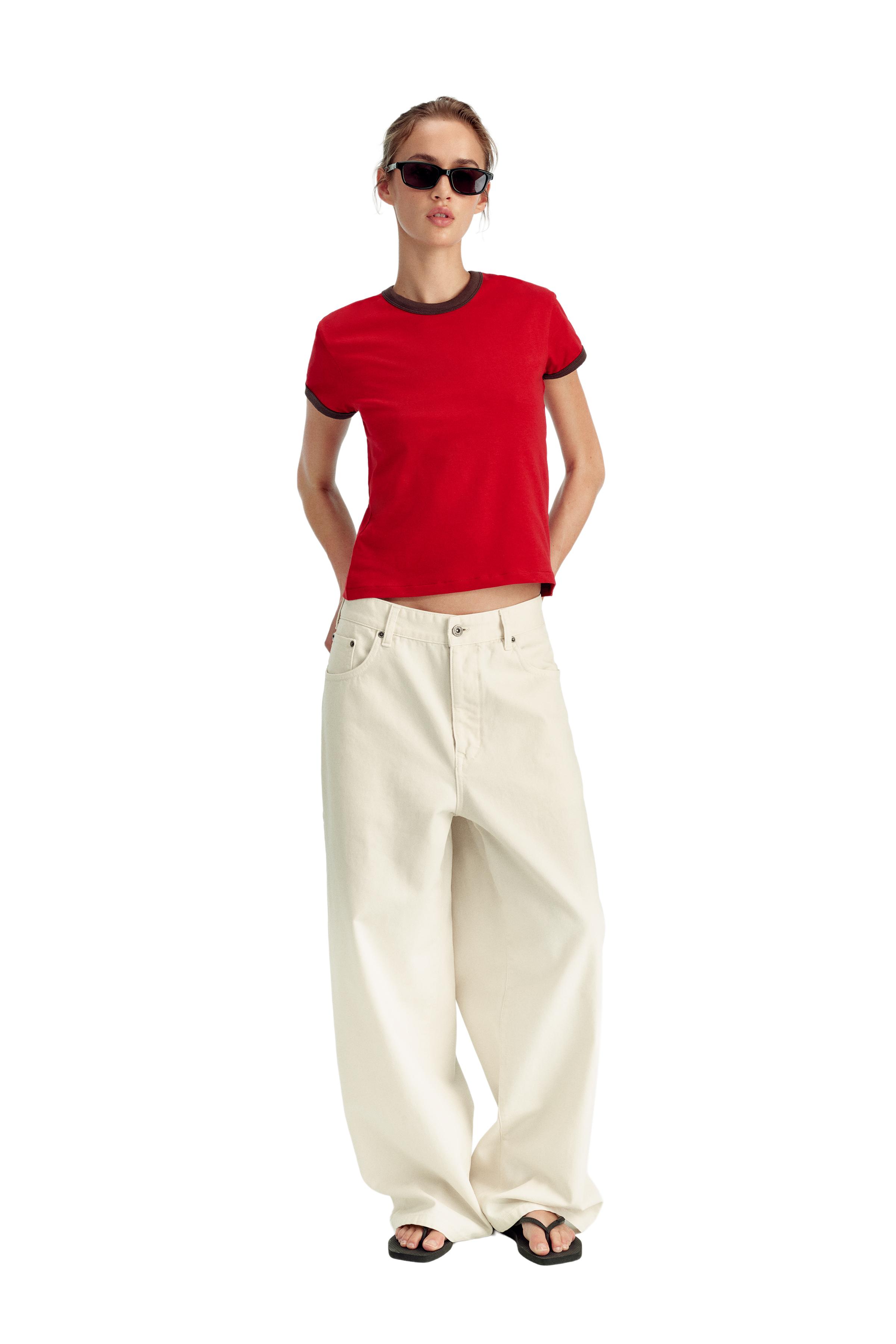 CONTRAST RIB SLIM CROPPED FIT T-SHIRT — Red
