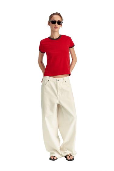 Zara SLIM FIT T-SHIRT WITH CONTRASTING RIB TRIM - Red - Image 0