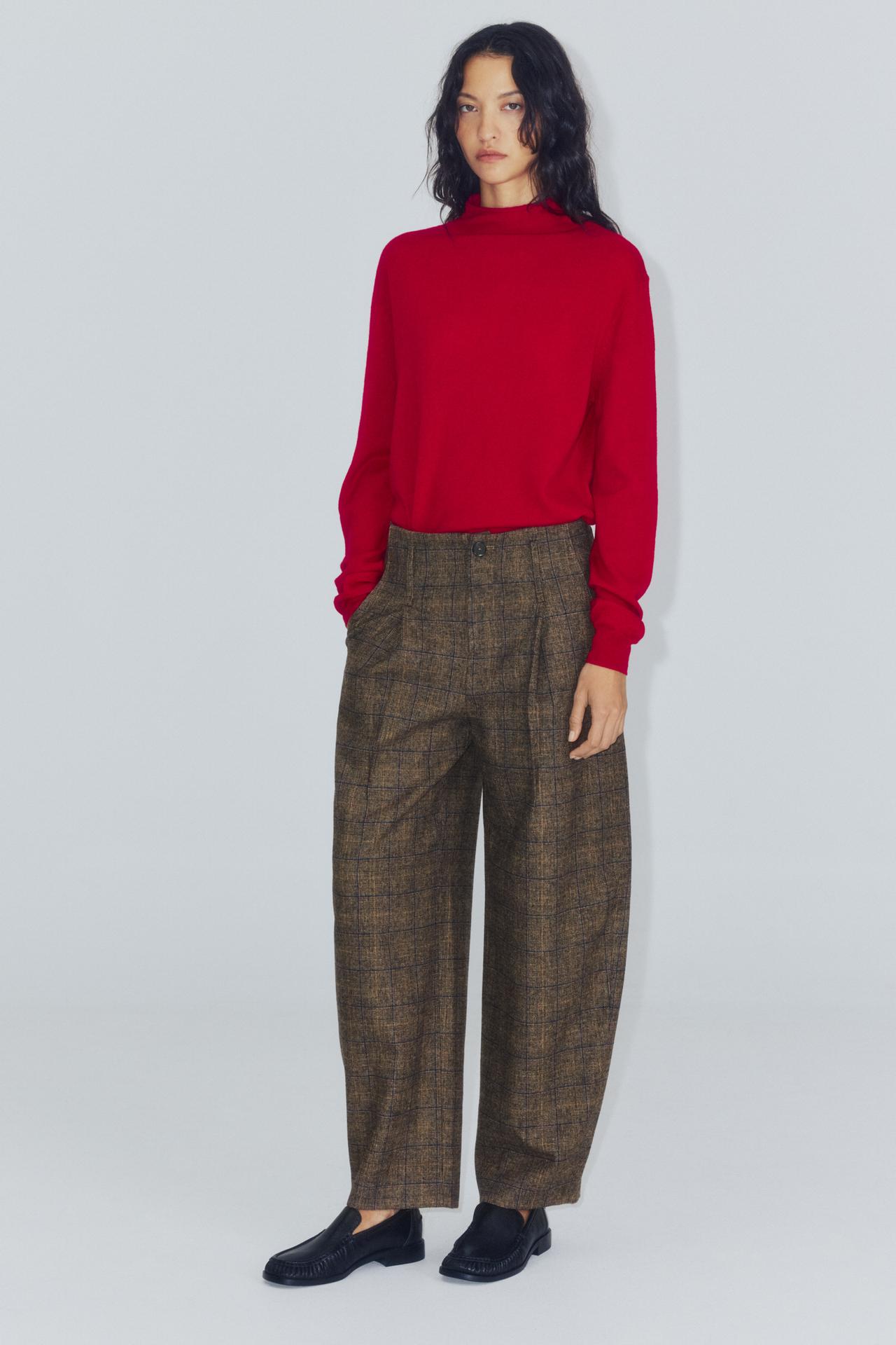 ZW COLLECTION WOOL BLEND CHECKED BARREL PANTS — Tobacco