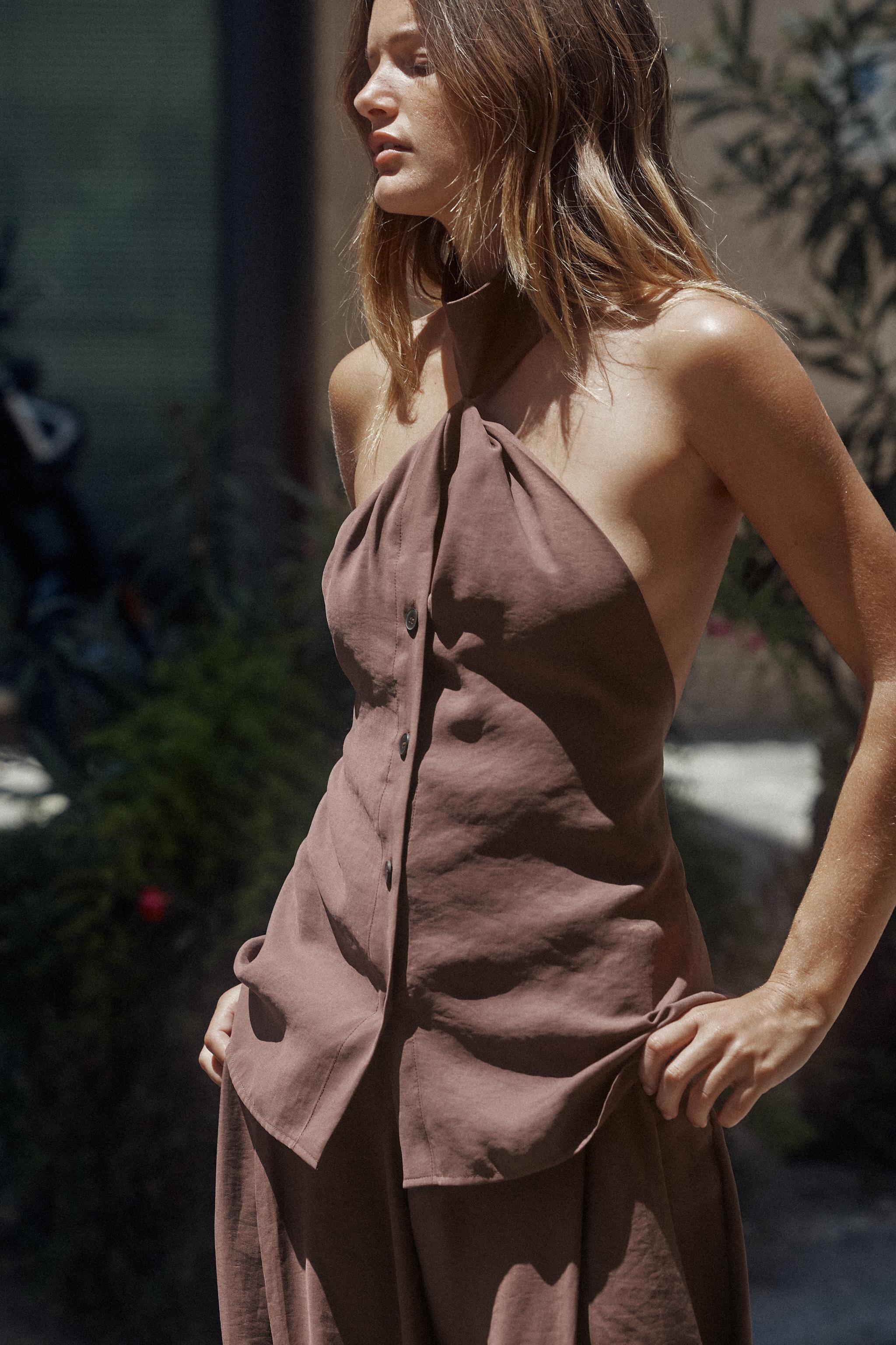 ノットホルターネックベストトップス - ダークブラウン | ZARA
