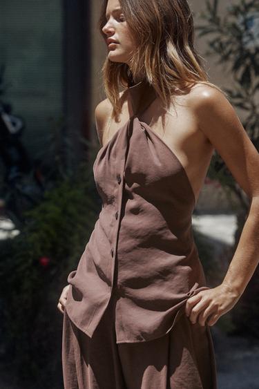 Zara KNOTTED HALTER TOP VEST - Dark brown