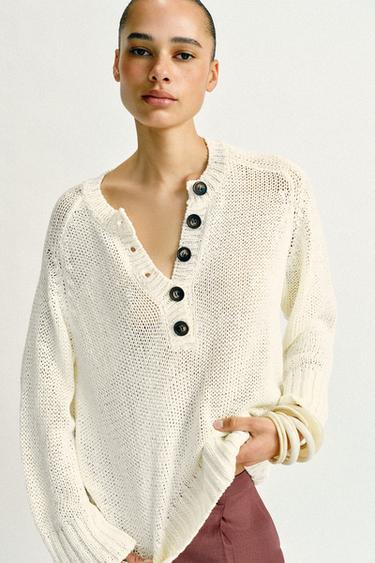 BUTTONED KNIT JUMPER - Oyster-white by Zara