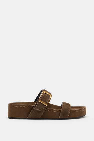 Zara SPLIT SUEDE PLATFORM SANDALS - Brown