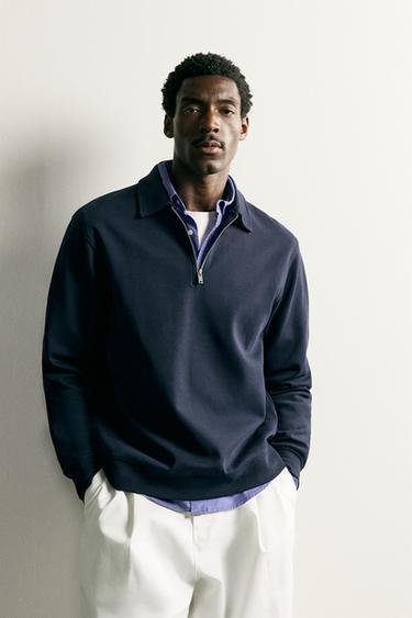 Zara INTERLOCK ZIP POLO SWEATSHIRT - Navy blue