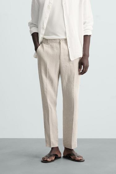 CALÇA REGULAR FIT DE LINHO - Bege-claro da Zara