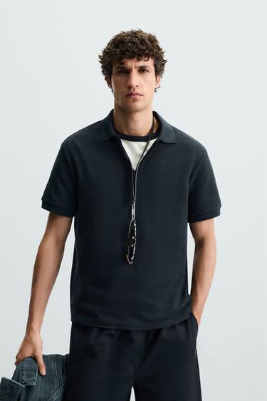 Zara PIQUÉ TEXTURED POLO SHIRT - Navy blue