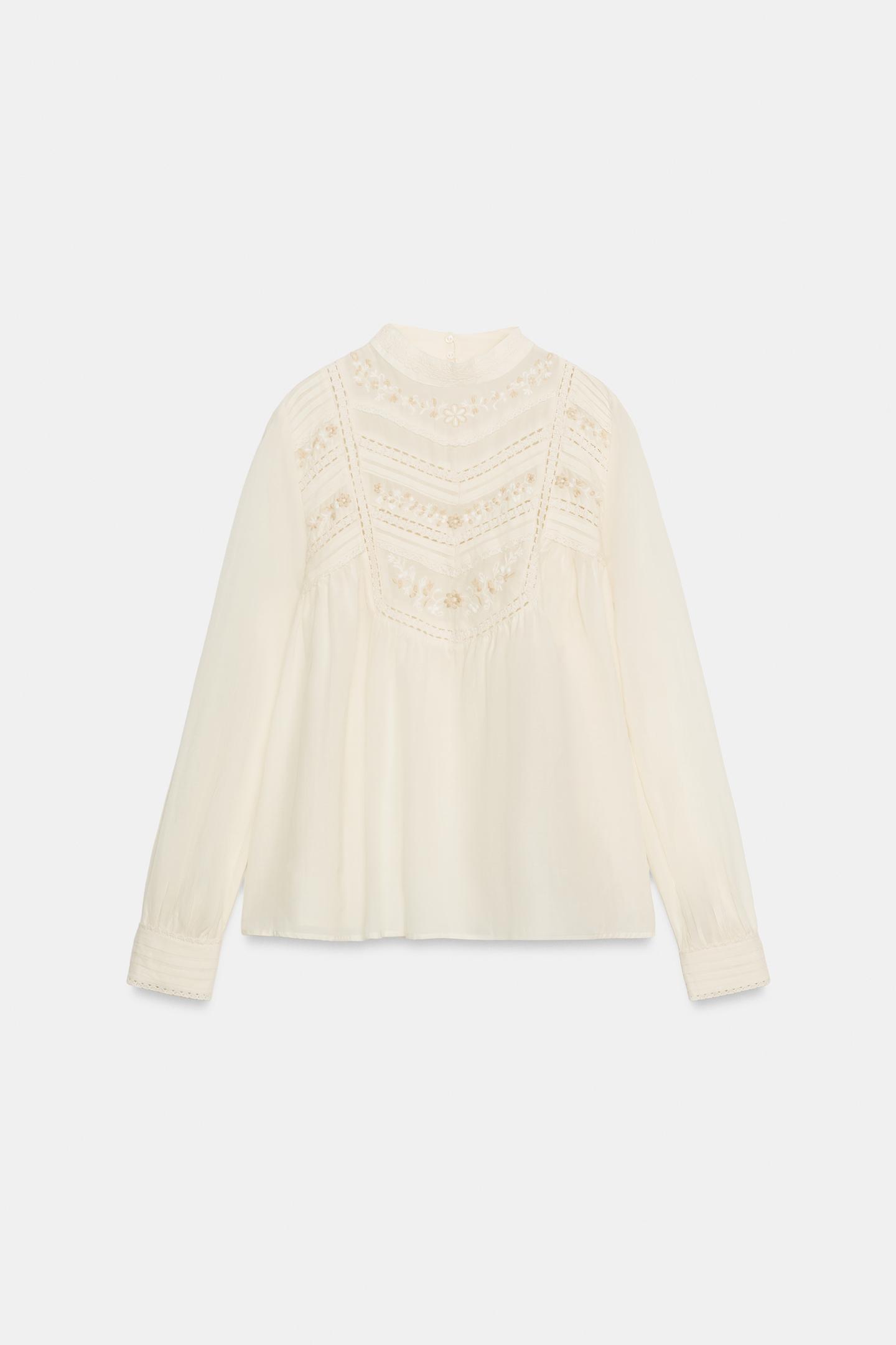 Женская блузка Zara Romantic Floral Embroidered Blouse, цвет: Экрю — фото 7