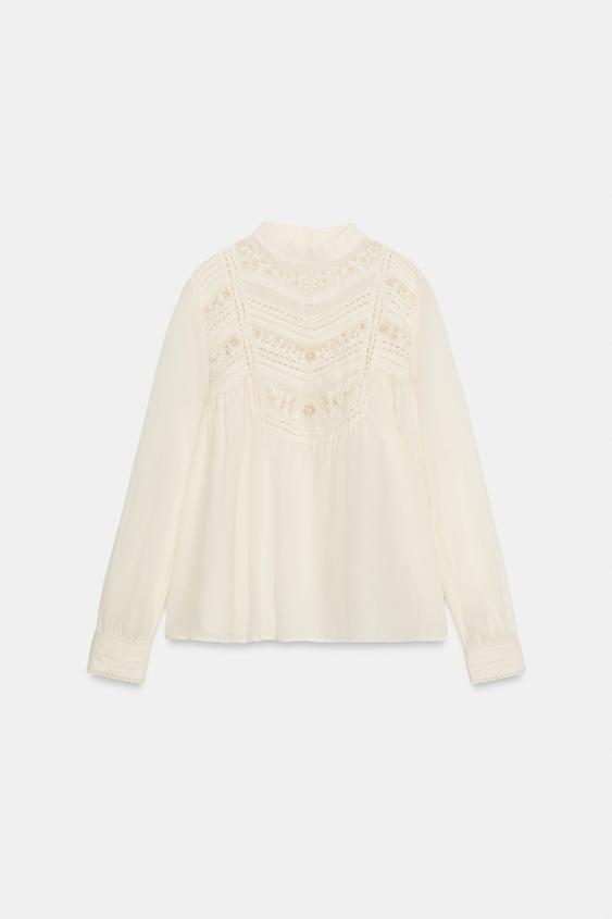 ROMANTIC FLORAL EMBROIDERED BLOUSE - Ecru by Zara - Image 0