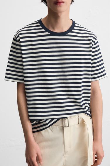 BASIC MEDIUM WEIGHT T-SHIRT - Ecru / Navy by Zara