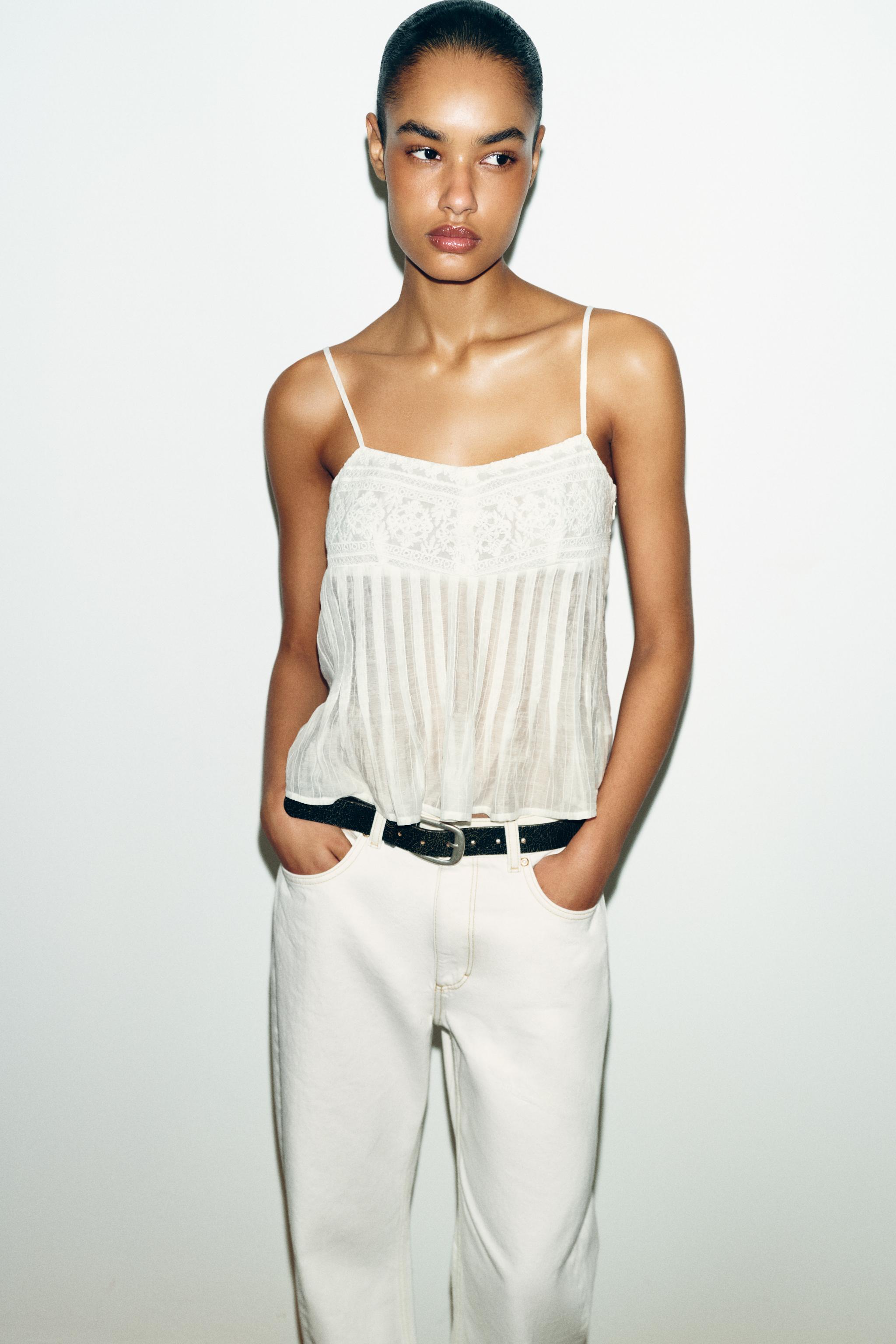 トップス theredthread harness blouse white EMBROIDERED STRAP TOP - White | ZARA Canada