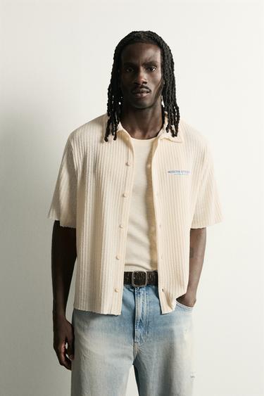 OPENWORK TEXTURED SLOGAN PRINT SHIRT - Oyster-white by Zara