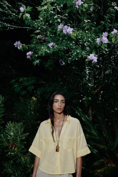 CROPPED LINEN BLEND SHIRT - Yellow by Zara - Image 2