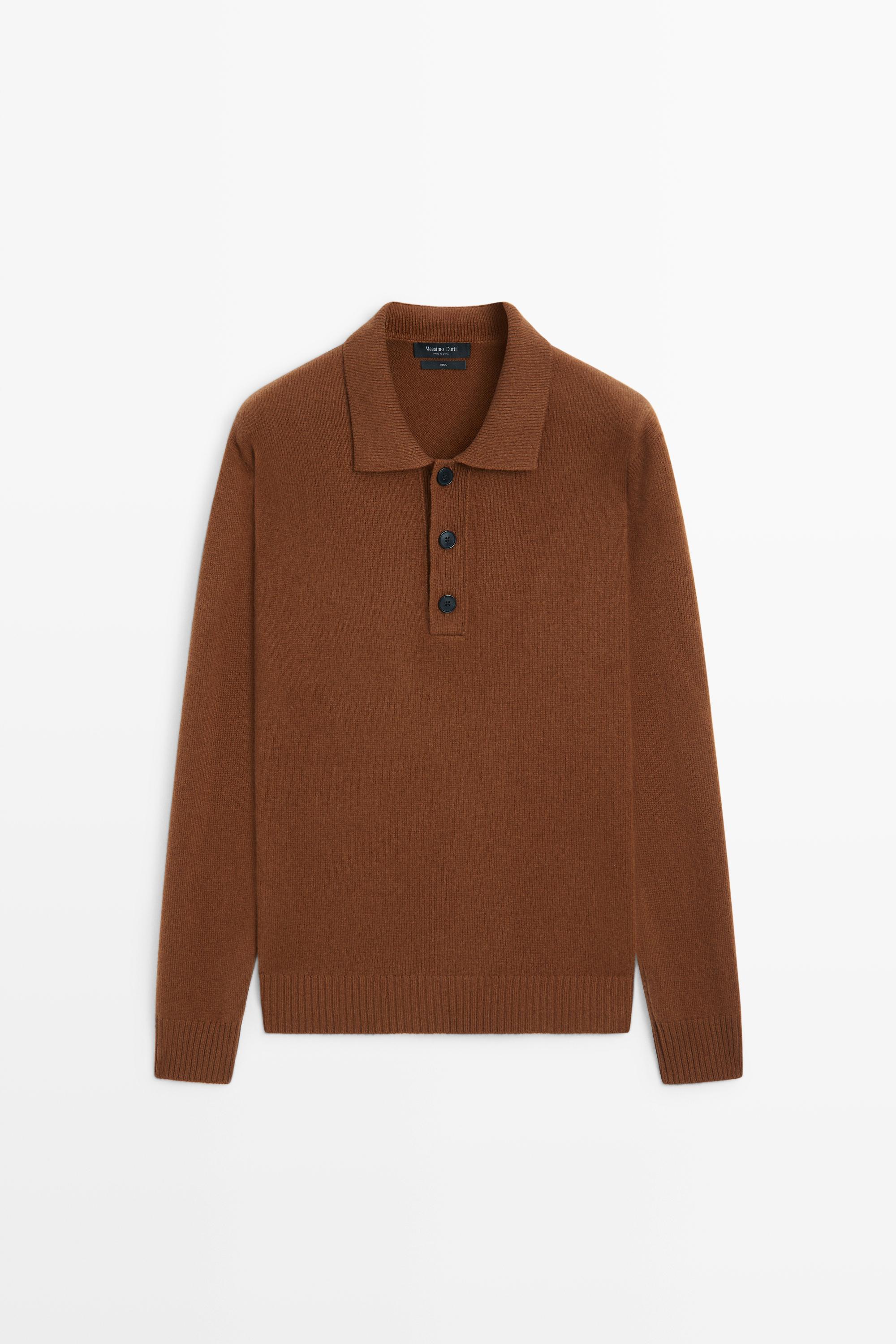 100% wool knit polo sweater with button detail