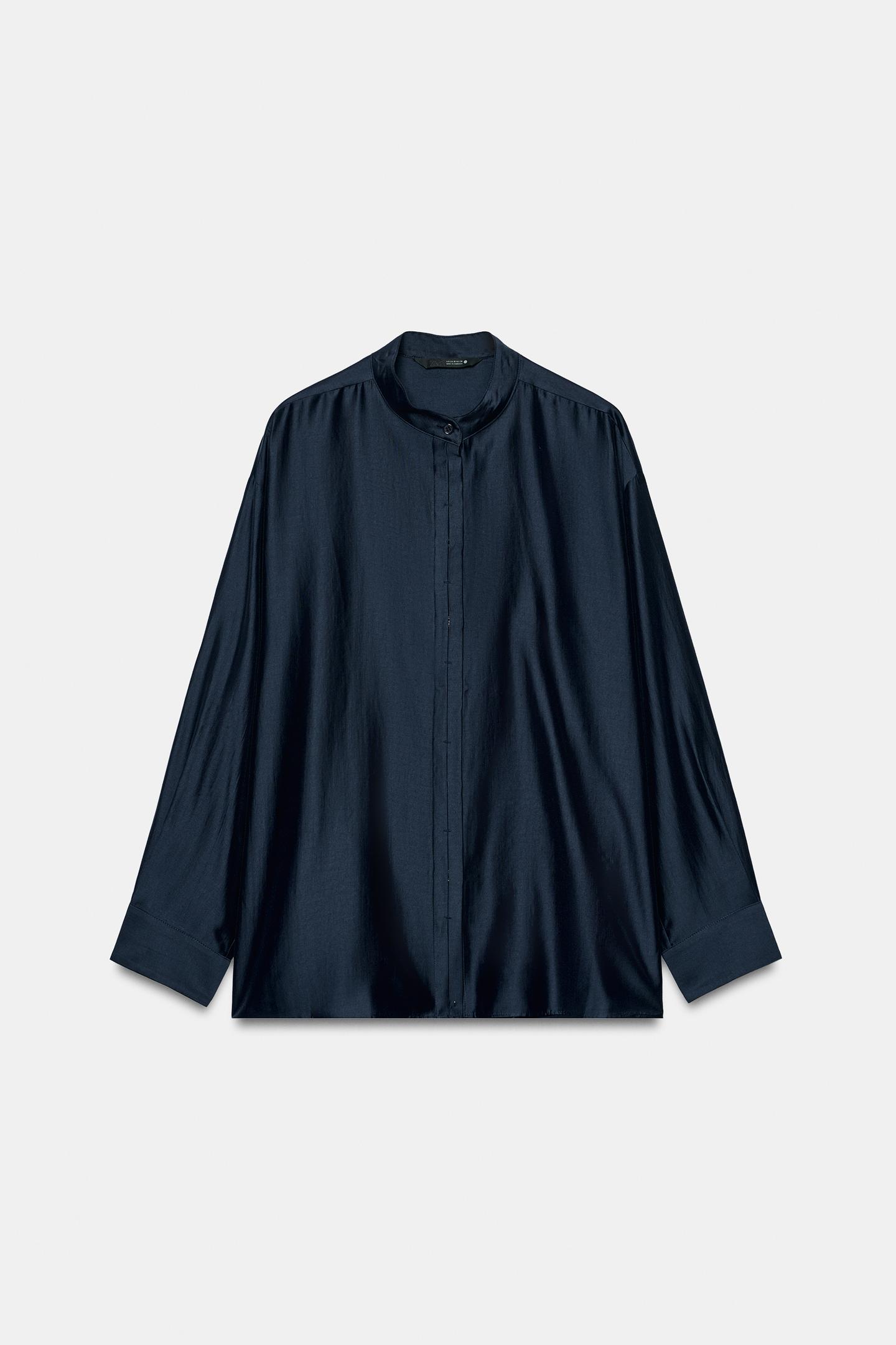 Женская рубашка Zara ZW Collection Mandarin Collar, цвет: Тёмный тёмно-синий — фото 6