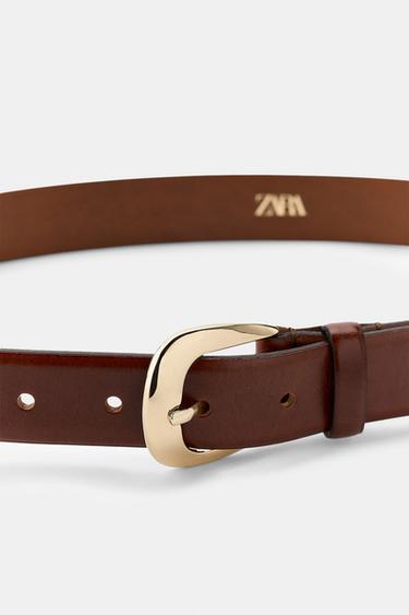 LEATHER BELT WITH OVAL BUCKLE - Brown by Zara - Image 3