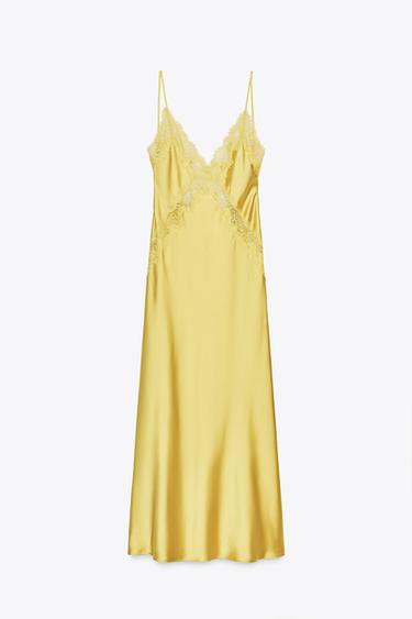 SATIN MIDI DRESS WITH LACE - Grapefruit yellow by Zara