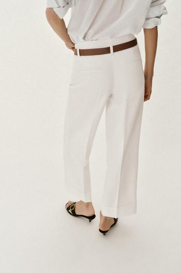 TROUSERS WITH TURN-UP CUFFS AND BELT - White by Zara - Image 6