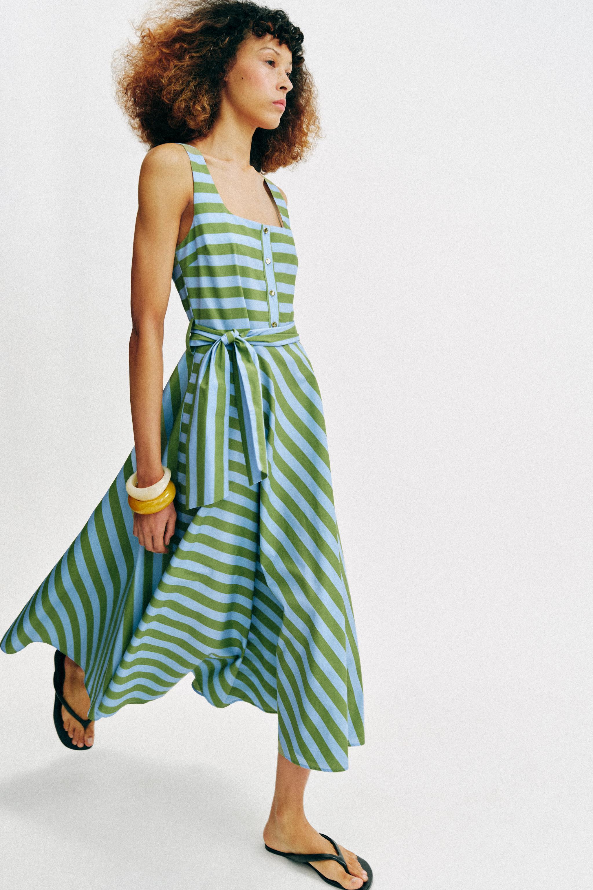 STRIPED BELTED MIDI DRESS