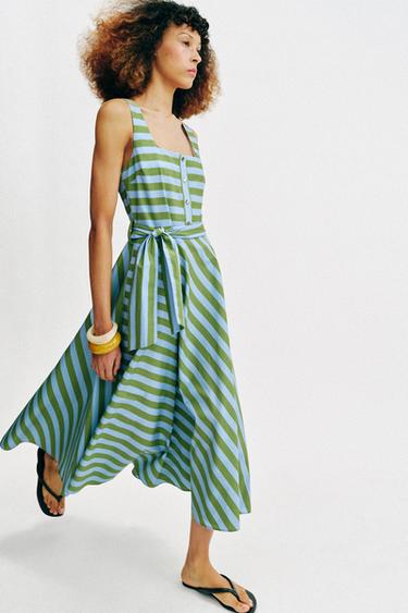 STRIPED MIDI DRESS WITH BELT - Green / Blue by Zara - Image 3