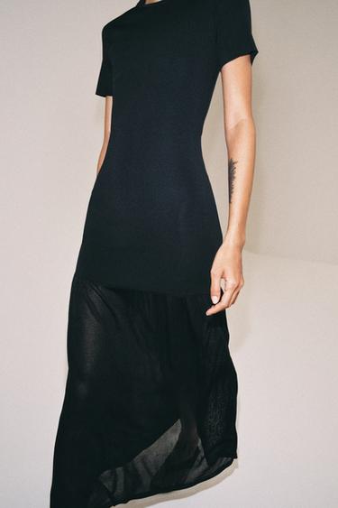 Zara LONG COMBINATION KNIT DRESS - Navy blue