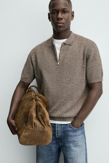 KNIT POLO SHIRT WITH ZIP - brown/white by Zara - Image 4