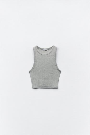 CROPPED RIBBED HALTER TOP - Grey marl by Zara