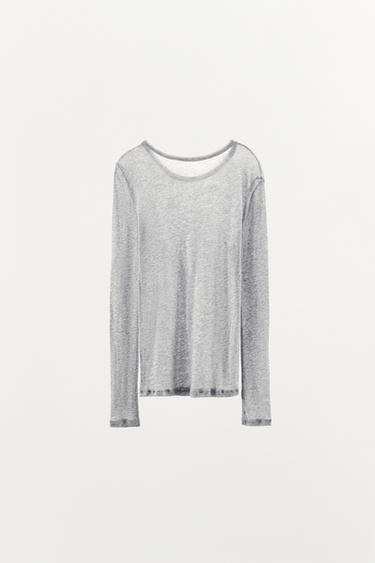 Zara LONG SLEEVE COTTON T-SHIRT - Gray marl