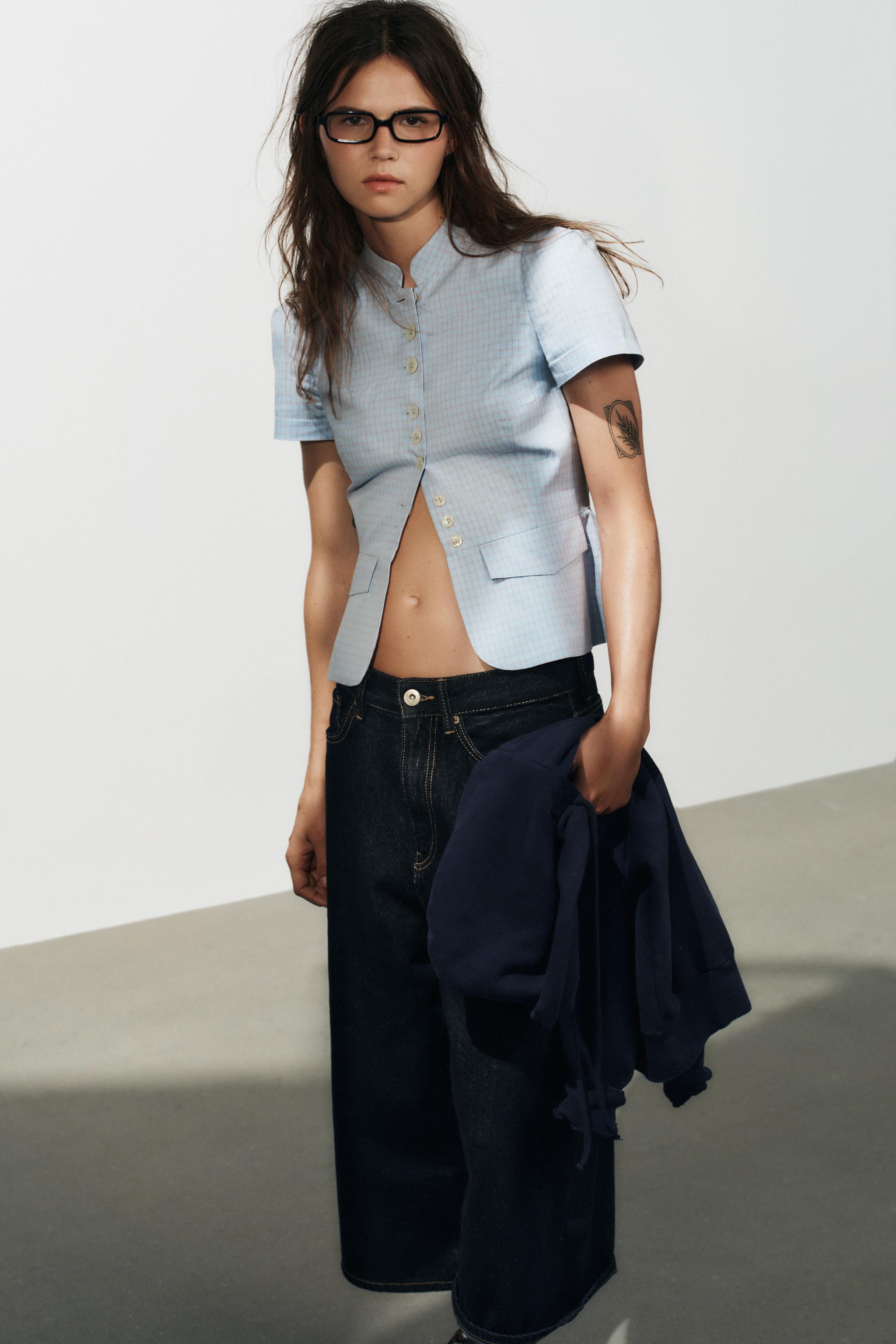 CHECKED PEPLUM TOP - Blues | ZARA United States