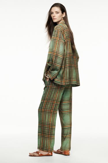 CHECK CROP FLARE TROUSERS ZW COLLECTION - Green by Zara