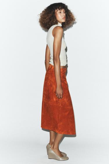 100% SUEDE LEATHER WRAP MIDI SKIRT - Orange by Zara - Image 4
