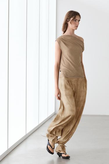 Zara Asymmetric linen blend top with draped detail - Light brown
