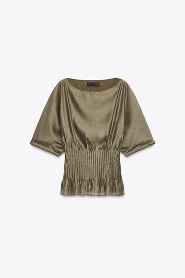 BLOUSE EN MAILLE MIXTE TAILLE PLISSÉE - Kaki foncé de Zara - Image 4